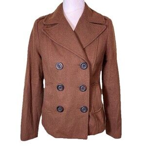 Women’s Brown Wool Blend Double Breasted Jacket Classic Tailored Peacoat Sz‎ XS